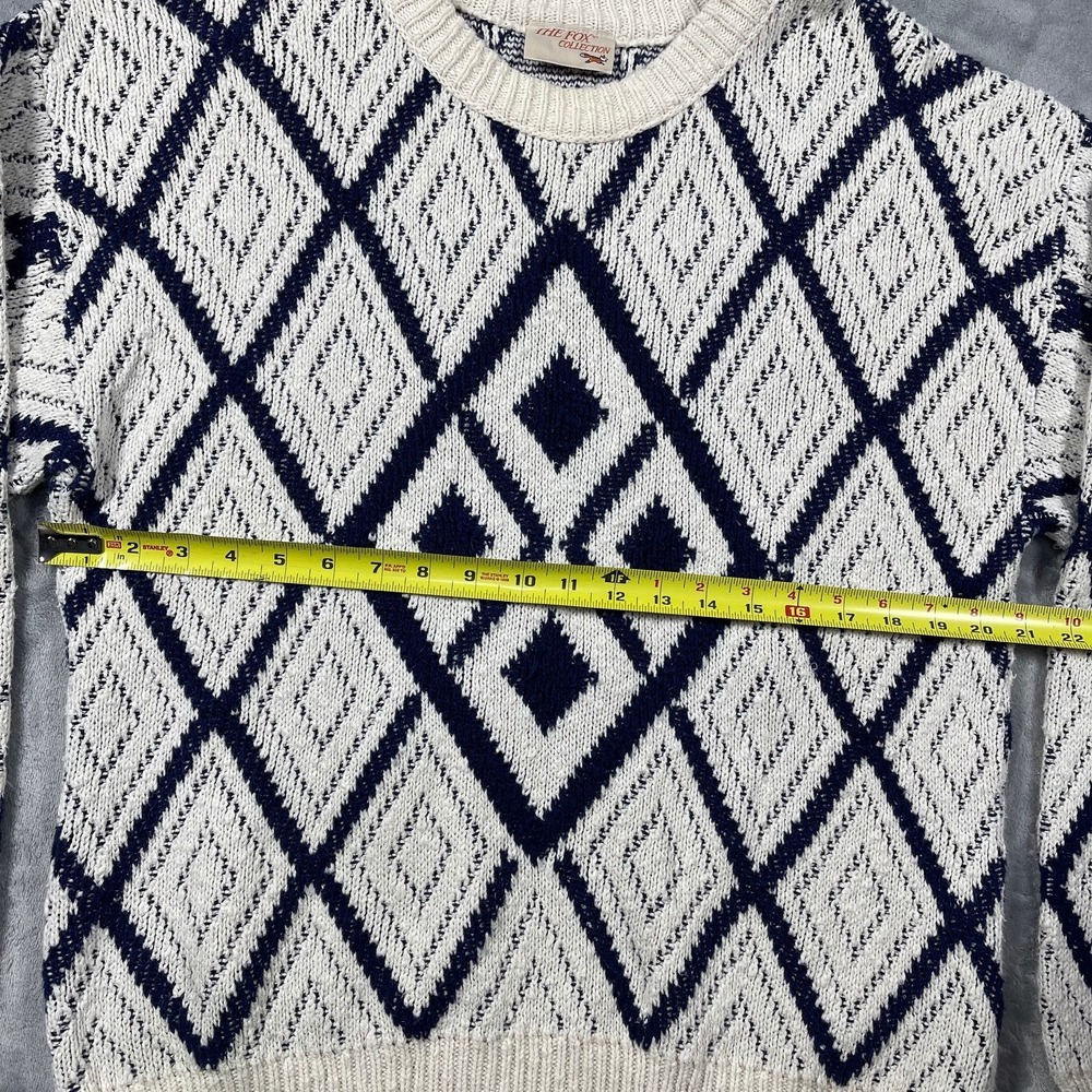 The Fox Collection Vintage Mens Large Diamond Knit Cotton Sweater Navy Cream USA - Picture 6 of 9